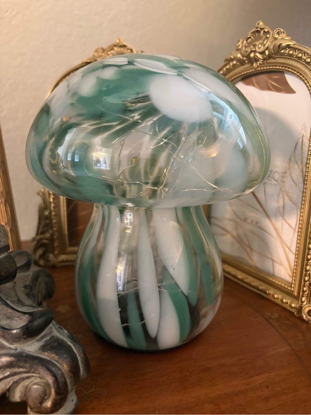 Hand-Blown Green & White Glass Mushroom Accent Lamp - Picture 2 of 2